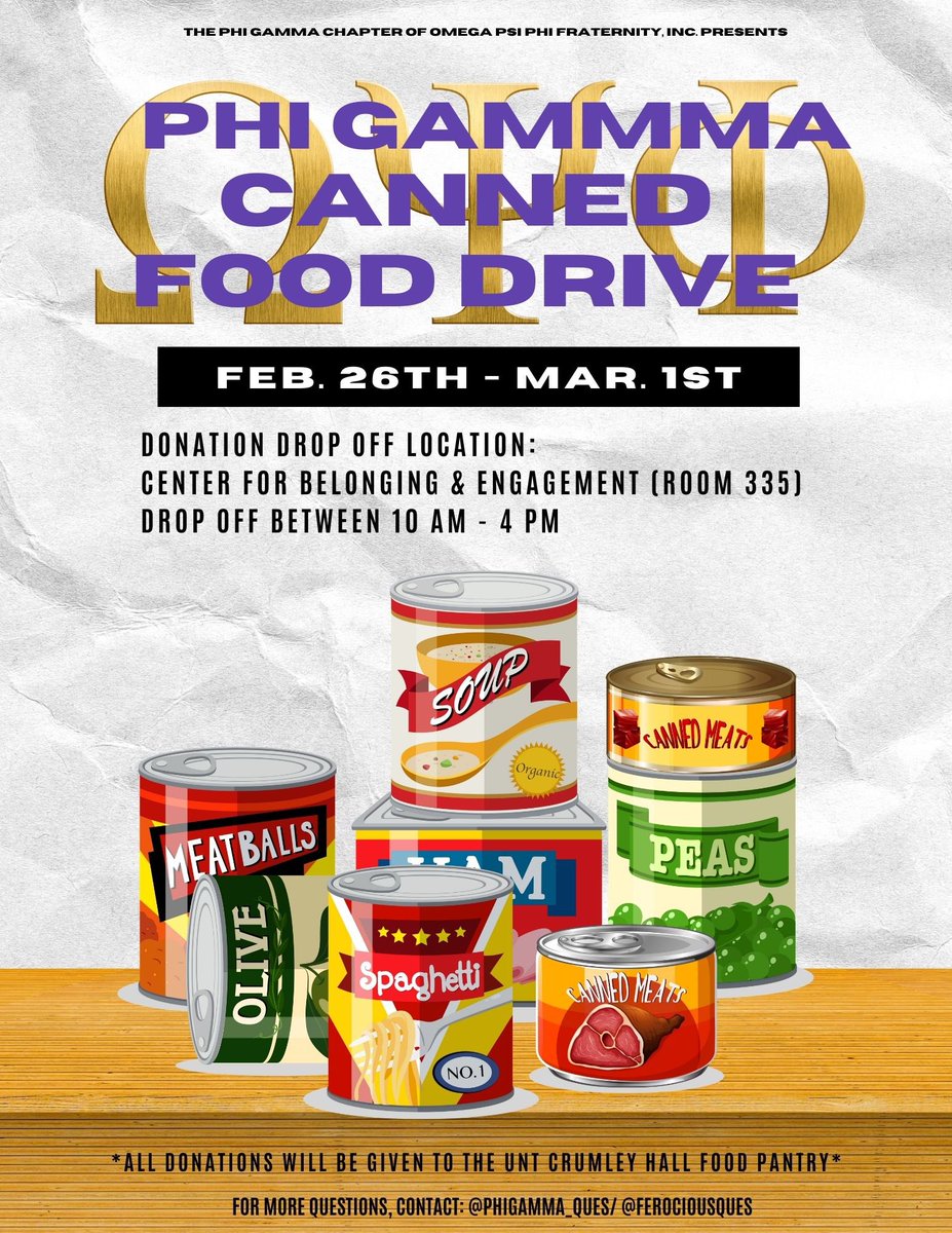 Next Week we will be hosting our Phi Gamma Canned Food Drive🐶⚡️. Between 10AM-4PM @ the Center For Belonging & Engagement (Formally the M.C.) Come and donate any canned good. All donations at the end of the week will be delivered to Crumley Halls Food Pantry. SEE YOU THERE!
