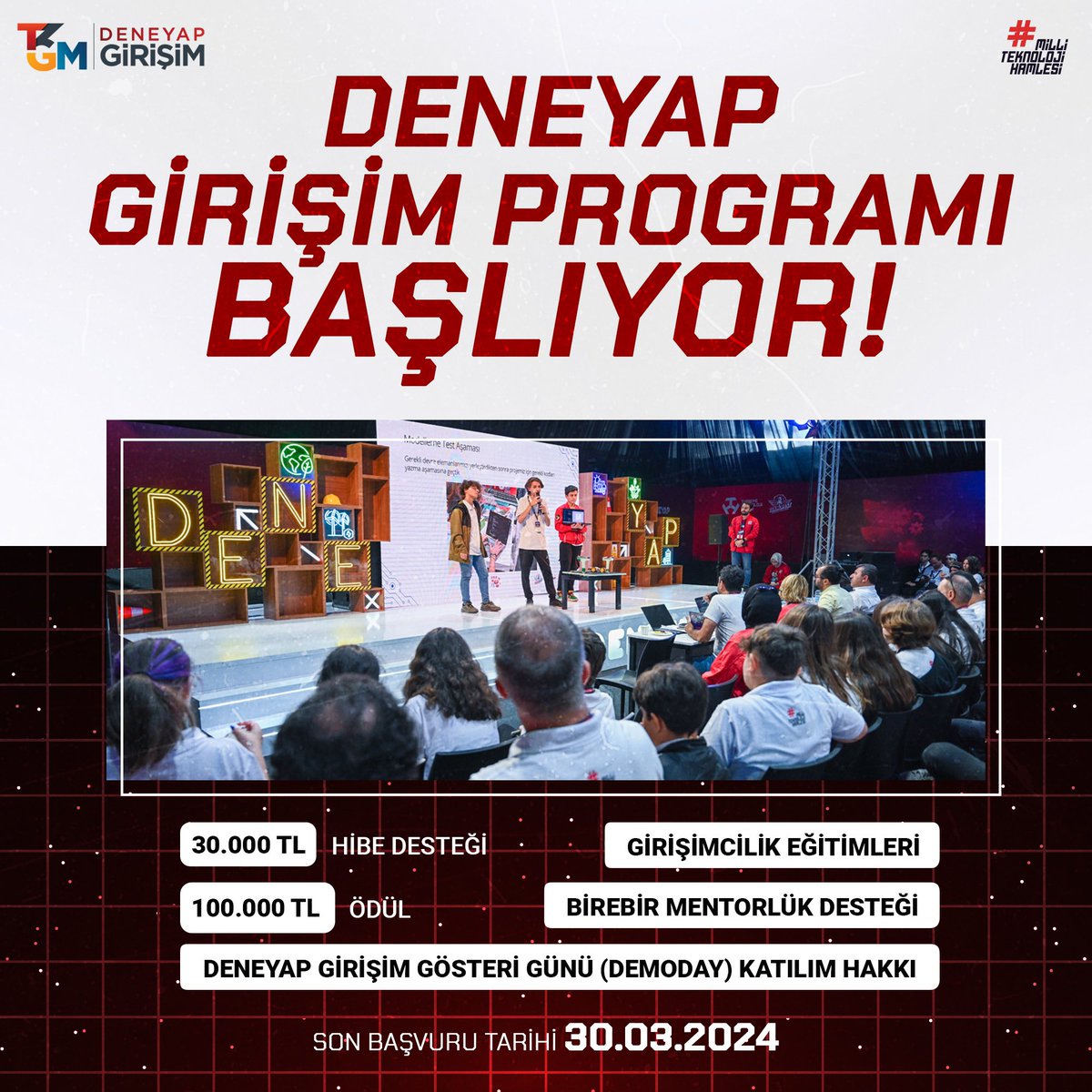 Teknoloji Yıldızlarının Girişimcilik Serüveni Başlıyor🚀 DENEYAP öğrencileri ve mezunlarına yönelik düzenlemekte olduğumuz DENEYAP Girişim Programı başvuruları başladı. 🔗Detaylı bilgi ve başvuru için; mth.tc/deneyapgirisim 🗓 Son Başvuru Tarihi: 30 Mart 2024 #T3Vakfı #T3GM