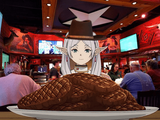 Frieren with her steaks at Texas Roadhouse