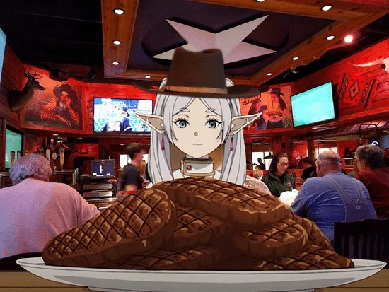 Frieren with her steaks at Texas Roadhouse