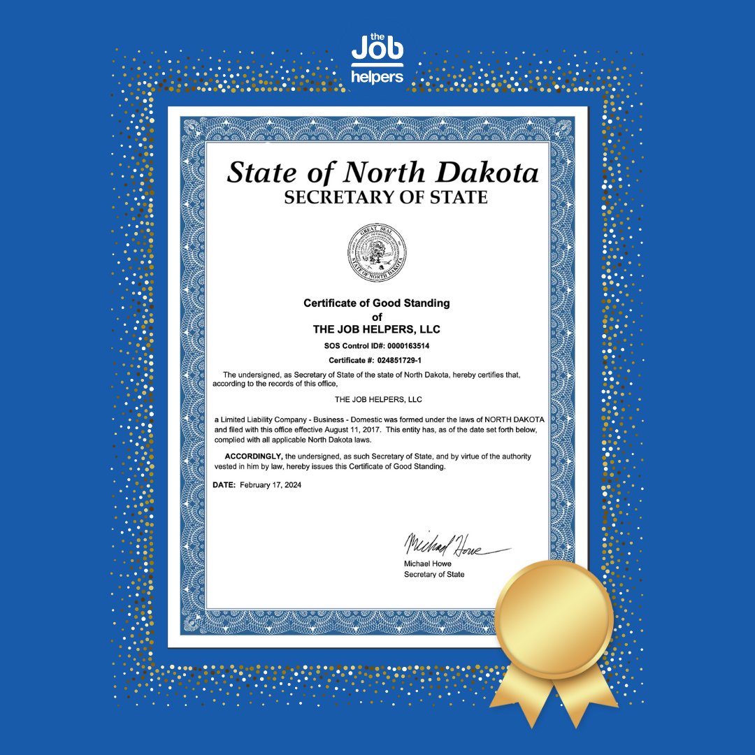 🎉 We're thrilled to announce that The Job Helpers, LLC has been awarded the Certificate of Good Standing by the State of North Dakota Secretary of State! 

Thank you to everyone! 🙏🏻

#TheJobHelpers #CertificateofGoodStanding #NorthDakota #JobAssistance #CommunityService