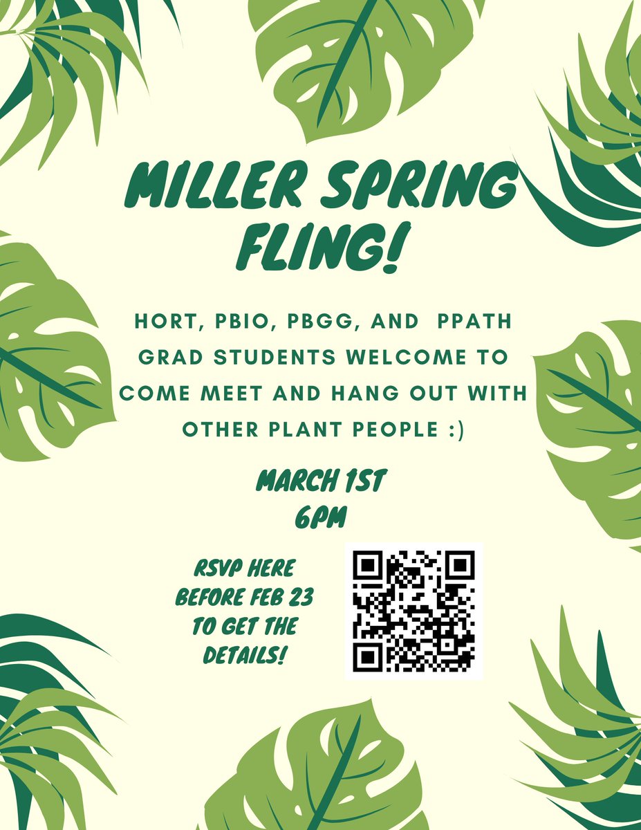 Don't forget to RSVP by today, February 23rd, for our Miller Spring Fling event! Join PBGG, PBIO, HORT, and PPATH GSAs for a fun social gathering on March 1st at 6pm! Details to follow for all RSVPs. See you there! docs.google.com/forms/d/e/1FAI…