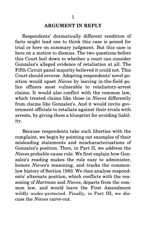 .@IJ's First Amendment retaliation case, Gonzalez v. Trevino, is now fully briefed and ready for argument before #SCOTUS on 3/20/24. The case will decide whether (or not) petty tyrants across the U.S. can use pretextual arrests to punish their critics. supremecourt.gov/search.aspx?fi…