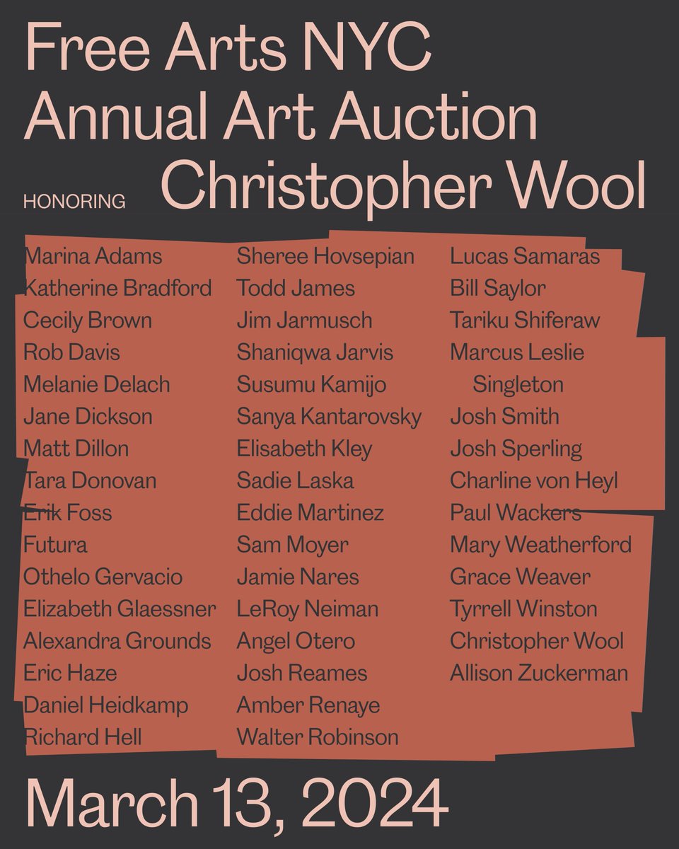 Free Arts NYC (@freeartsnyc) on Twitter photo Counting down the days! Join us at <a href="/wsanyc/">Музыченко Владимир</a> on March 13th for our Annual Art Auction honoring #ChristopherWool. Huge thanks to our artists for championing access and opportunities ❤️
🔗RSVP: give.freeartsnyc.org/event/free-art… #ArtAuction #NYCEvents Counting down the days! Join us at <a href="/wsanyc/">Музыченко Владимир</a> on March 13th for our Annual Art Auction honoring #ChristopherWool. Huge thanks to our artists for championing access and opportunities ❤️
🔗RSVP: give.freeartsnyc.org/event/free-art… #ArtAuction #NYCEvents