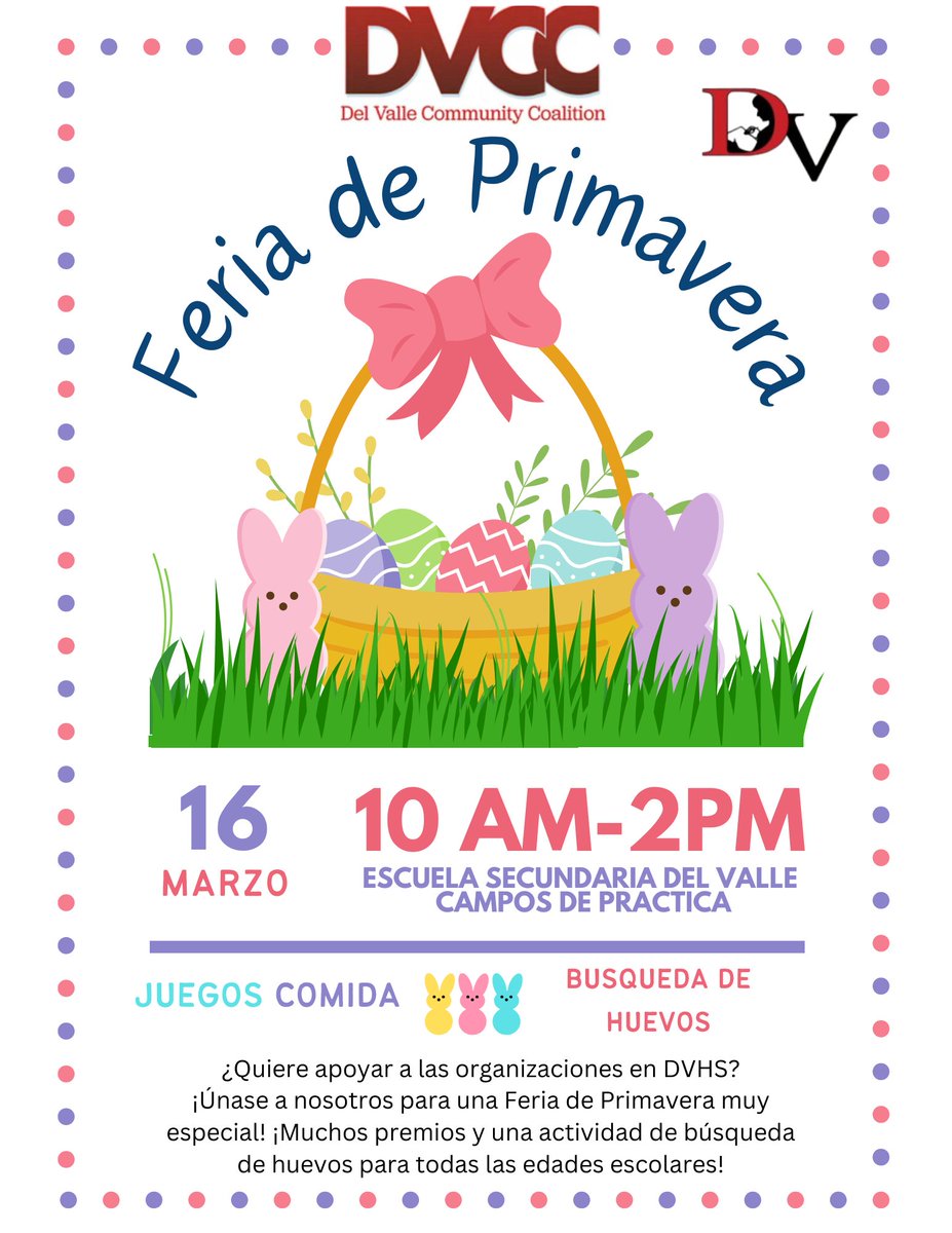 ¡Prepárate para un día de alegría primaveral en la Escuela Secundaria Del Valle, presentado por la Coalición Comunitaria Del Valle! 📷