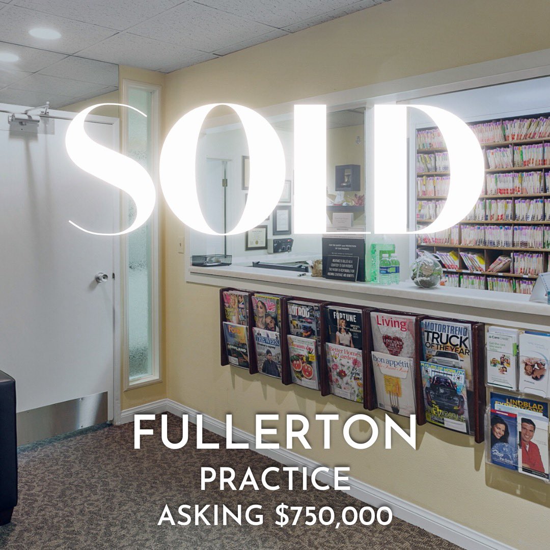 SOLD! Fullerton Practice 
Asking $750,000

🔹Sold at 100% of the List Price
🔹Multiple, Full Price Offers
🔹Over 40 Years of Goodwill

Sold by The Tharaldson Group, Inc. | DRE 02036291
#dentalpractice #realestatebrokers #commercialbroker #realestatebroker #realestateagent