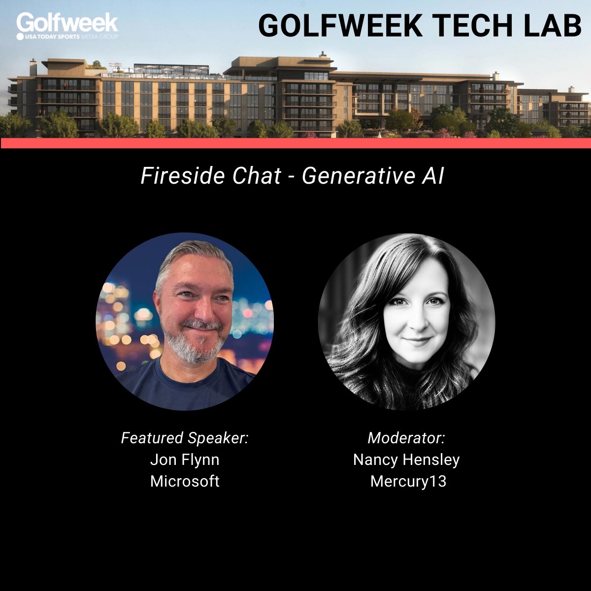 golfweek's tweet photo. We're honored to host @JonFlynnTweets, data &amp; AI lead for Microsoft, in a fireside chat at the Golfweek Tech Lab. Moderated by @NancyAHensley1, head of innovation for Mercury13, Jon and Nancy will discuss Generative AI and its impact on the golf industry. https://t.co/Bf7nTi8BWs https://t.co/yz3794r9UG