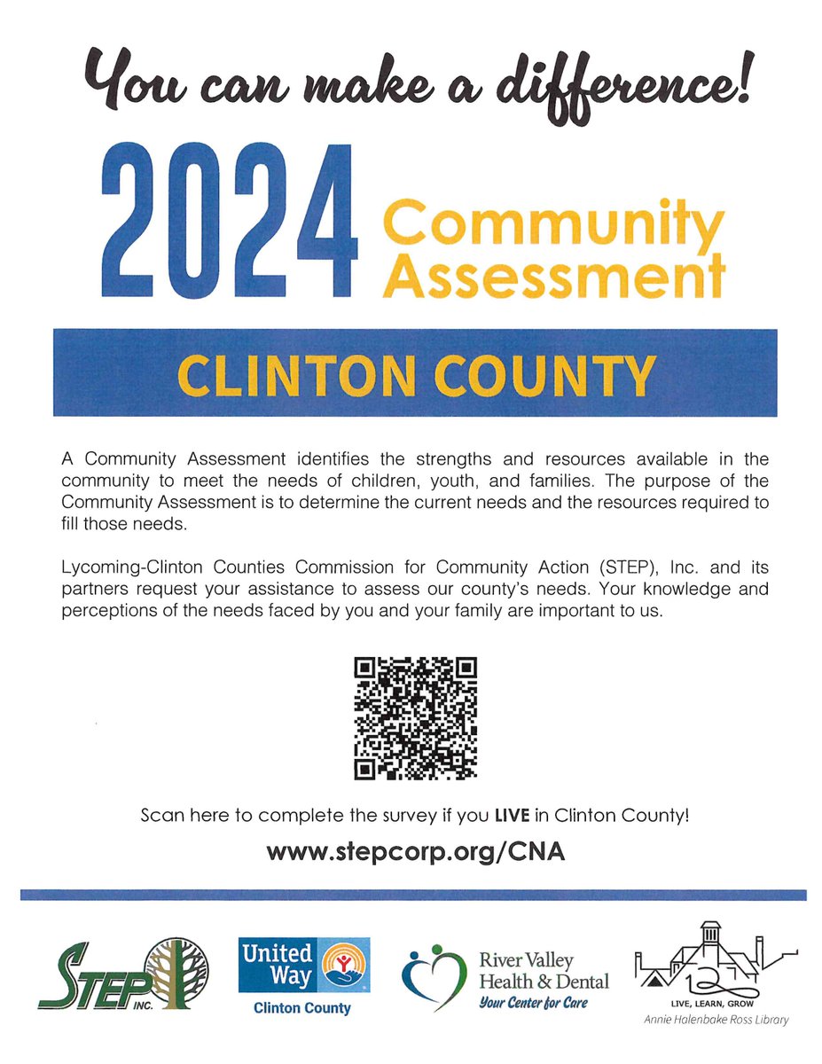 Please consider completing this survey.  Information received helps identify resources available in our community to meet the needs of children, youth and families.  Just scan the QR code or use this link stepcorp.jotform.com/240365988673169.  Thank you!