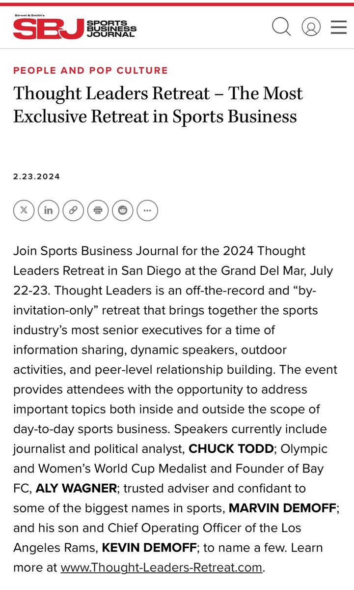 Thrilled to be a part of the @SBJ Thought Leaders Retreat this coming summer. sportsbusinessjournal.com/Articles/2024/…