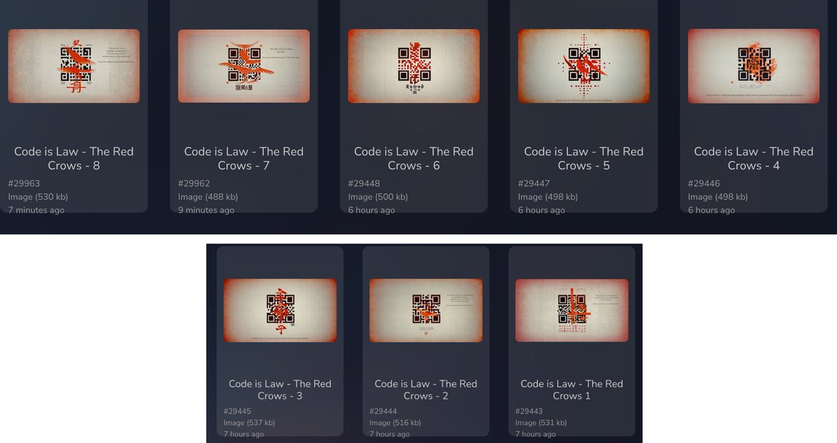 Cosmos_Prophet's tweet image. ￼

New Code is Law dropping soon - The Red Crows collection 

As part of this penultimate collection I’ll be doing a give away.

The first person to decode the binary message distributed over QR Codes 3, 4 &amp;amp; 5 will win QR code 6.  Post the message under this tweet.