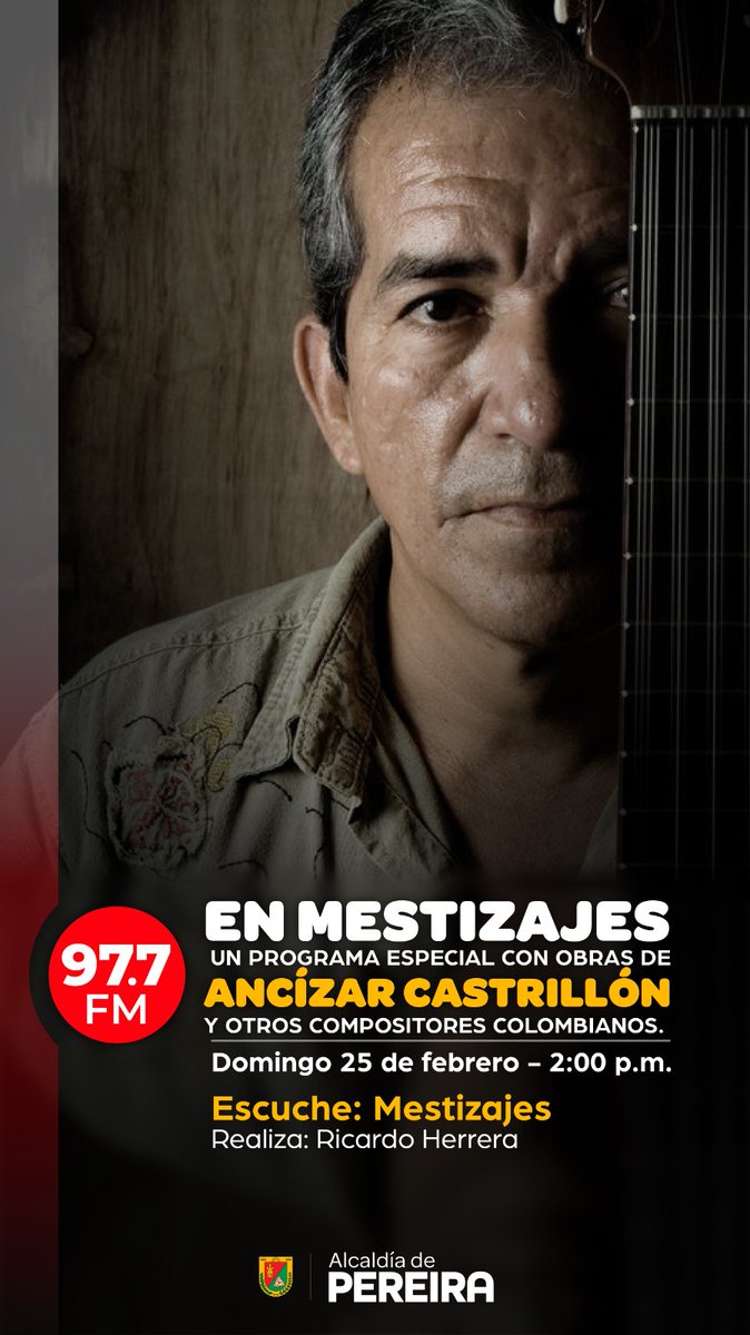 Buena música en MESTIZAJES ésta semana en la radio cultural, canciones de Ancízar Castrillón y otros compositores colombianos.   En Pereira, Dom Feb 25-2:00pm por <a href="/EmisCulturalRAC/">Emisora Cultural RAC</a> 97.7FM.   Sintoniza en streaming: emisoraculturaldepereira.com
#mestizajes #SeCantanBambucos