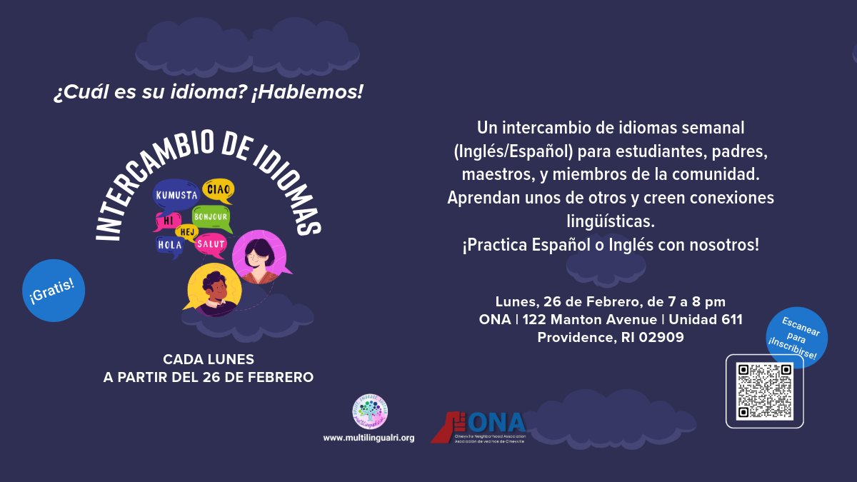 MultilingualRI's tweet photo. ¿Te perdiste nuestras sesiones de la tarde? ¡No hay problema! Únase a nosotros para el gran inicio de nuestro intercambio de idiomas en @OnaProvidence.
¡Hagamos que el aprendizaje de idiomas sea divertido y social!
 #MultilingüeRI https://t.co/uLsxm9dEUp