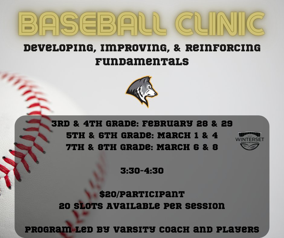 If you have a son that is interested in baseball, sign him up for our Baseball Clinic! 3rd &amp; 4th grade registration ends this Sunday. Register quick while there are still open slots! tinyurl.com/4h77f4rm
