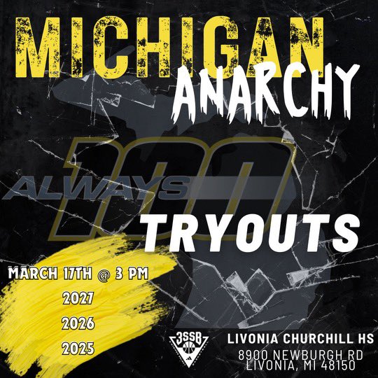 Always 100 Anarchy - Michigan (@always100_mi) on Twitter photo It’s that time of the year again!
<a href="/Always100_MI/">Always 100 Anarchy - Michigan</a> will hold tryouts for the classes of 2025, 2026, and 2027 on March 17th at 3:00 PM. Doors are open to student-athletes looking to compete at the highest level this spring and summer in the top exposure tournaments. DM for any ?’s It’s that time of the year again!
<a href="/Always100_MI/">Always 100 Anarchy - Michigan</a> will hold tryouts for the classes of 2025, 2026, and 2027 on March 17th at 3:00 PM. Doors are open to student-athletes looking to compete at the highest level this spring and summer in the top exposure tournaments. DM for any ?’s