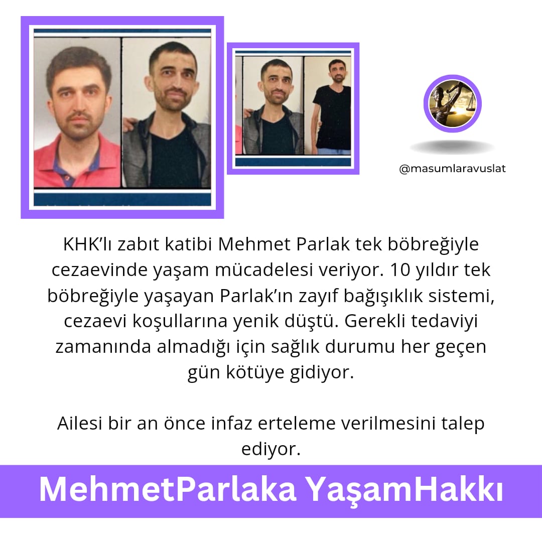 Cezaevinde şartları ağır hastalar için uygun değil.  Bu insanlarin acilen tedavi görmesi lazım ve özgürlüklerine kavuşması lazım.  Hala ne bekliyorsunuz 
MehmetParlaka YaşamHakkı
#Adlitıpkurumu
#AdaletBakanlığı