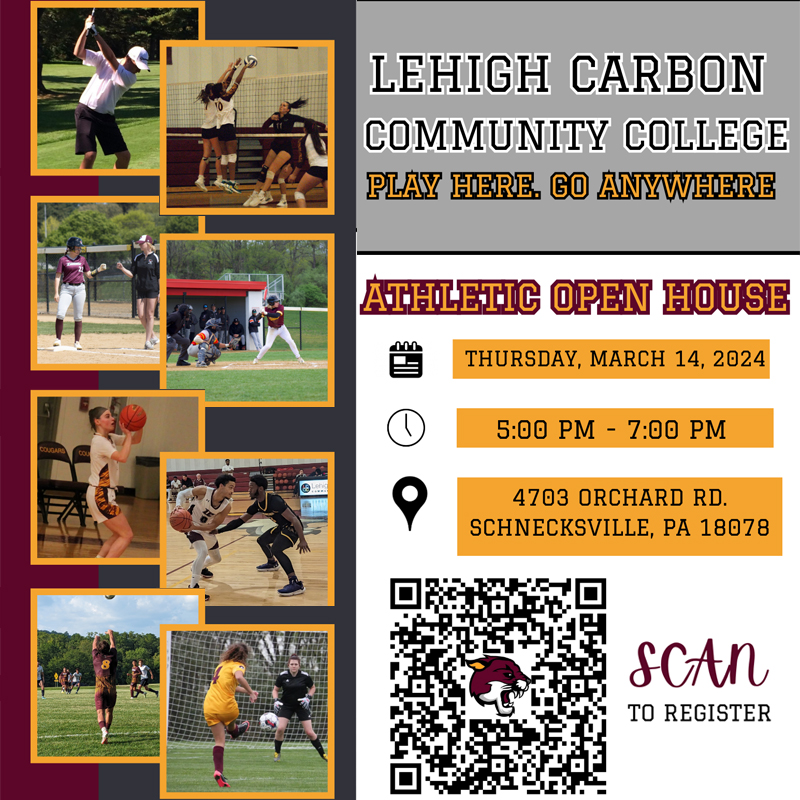 Gocougarsports's tweet photo. Calling all future Cougars! 🏀🏐⚽️⚾️🥎⛳️

Join us for our Prospective Student-Athlete Open House, where you can meet with coaches, current student-athletes, admissions, and financial aid!

Scan the QR code to register!
@LehighCarbonCC https://t.co/hVvrJJwJSl
