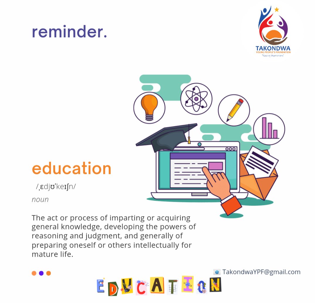 Takondwa_ypf's tweet photo. Weekend reminder: 'education'
The act or process of imparting or acquiring general knowledge, developing the powers of reasoning and judgment, and generally of preparing oneself or others intellectually for
mature life.
#TYPF #RaisingAspirations https://t.co/meJhbLMB2h