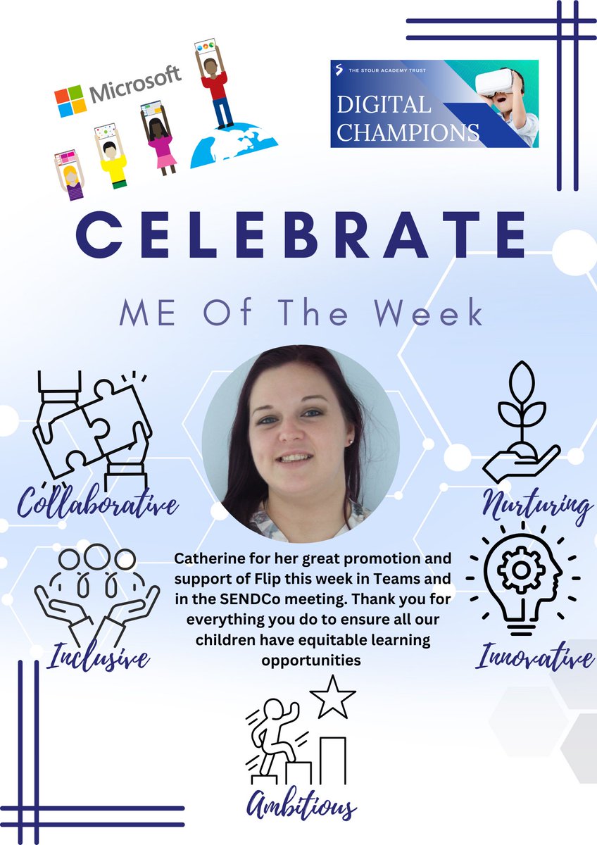 Congratulations to our #Digital Champion ME of the Week, @CatherineSAT21 For excellent use of
@MicrosoftEDU @MicrosoftLearn 
tools & @flip 
@MicrosoftTeams
to provide #equitable #learning opportunities for all our children! #MIEExpert #edtech #TrustInStour
@OneNoteEDU
#inclusion