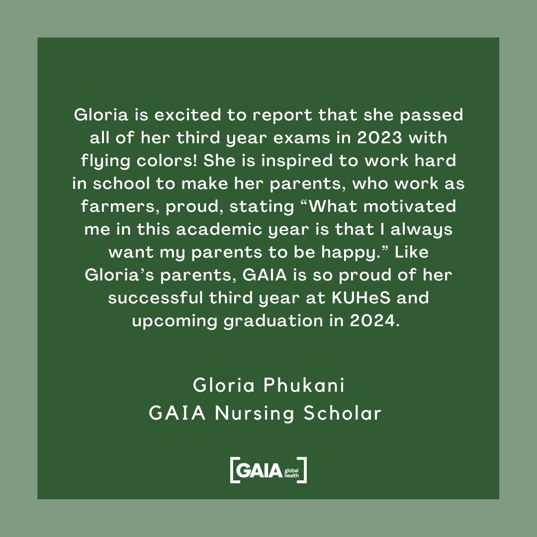 Gloria Phukani is excited to report that she passed all of her third year exams in 2023 with flying colors! GAIA is so proud of her successful third year at KUHeS and upcoming graduation in 2024.