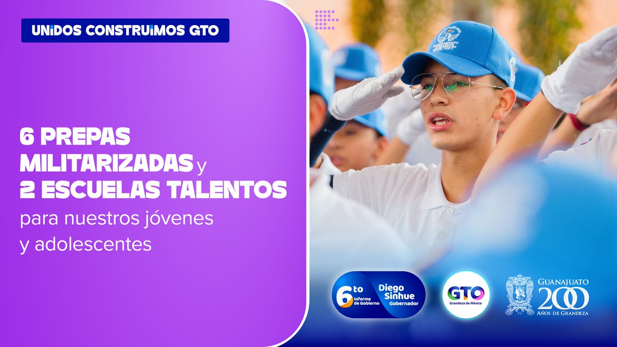 gobgente's tweet photo. Construimos 6 planteles de Bachillerato Bivalente Militarizado y 2 Escuelas de Talentos en Guanajuato, con una inversión de más de 357 millones de pesos, brindando oportunidades educativas a más de 3 mil estudiantes.
#UnidosConstruimosGTO 🙌
#InformeDS #6toInforme https://t.co/rd2toLo02P