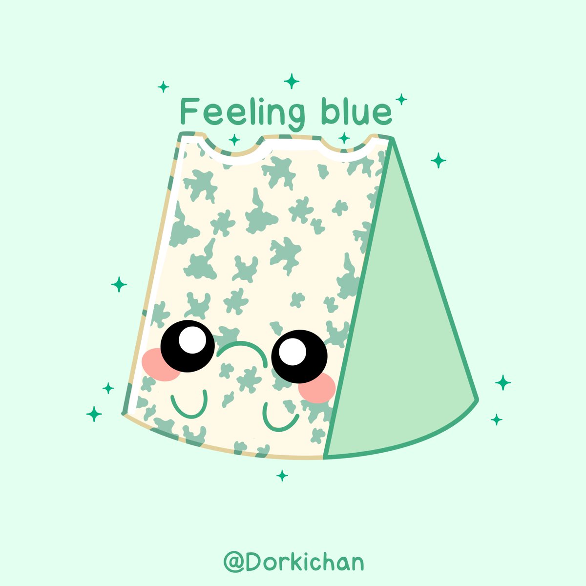Sometimes we all have days where we feel a lil blue. 
And I want to remind you that it's totally normal. 
Take your rest day love and try again tomorrow 😥💙!
#cheesepun #foodpun #kawaii #bluecheese #mentalhealth #cutearteveryday #dorkichan #dorkichanart #art