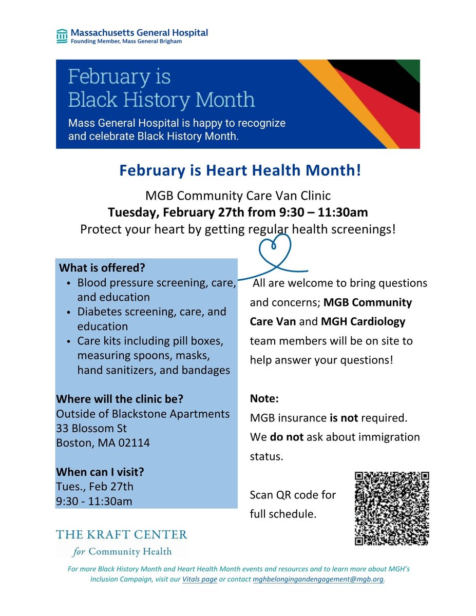 For #HeartMonth, in collaboration with @MGHHeartHealth and @MassGenBrigham Community Care Van teams, we will host a mobile clinic on Tues, Feb 27th. All are welcome to receive *FREE* preventive screenings, resources and speak with health professionals! 🫀