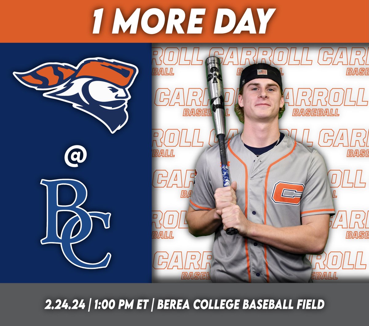 Pio_Baseball's tweet photo. It's almost that time! Carroll Univesity Baseball starts its season tomorrow against Berea College. Due to weather, there will be a single game tomorrow at 1:00p ET followed by a doubleheader Sunday at 11:00a and 2:30p. #RollPios https://t.co/zoUlLwB69P
