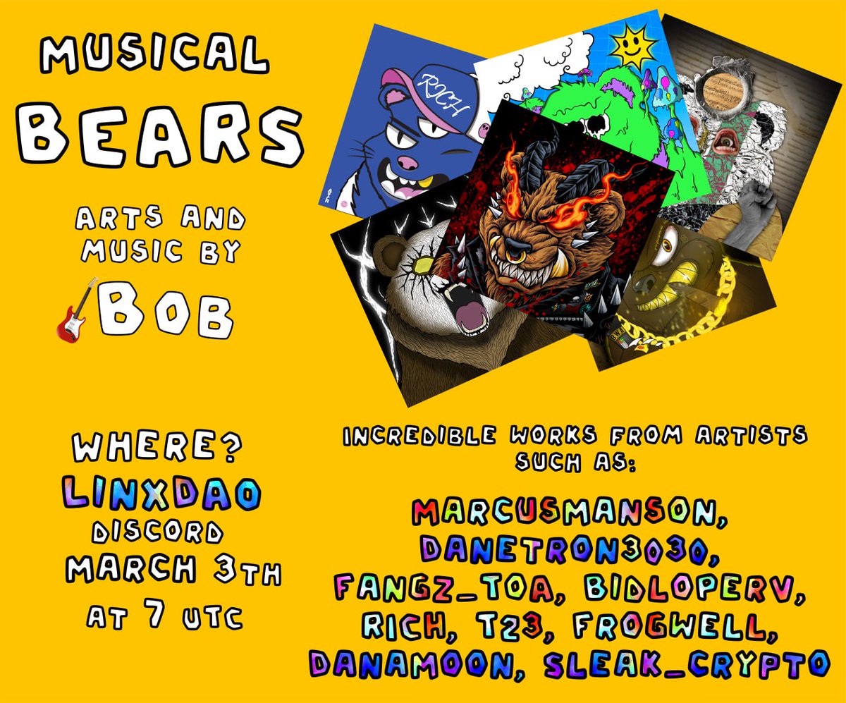 Bob_nftmusic's tweet photo. 🎉Musical Bears MintParty!🎉
Finally, all the preparations are finished, a new website is waiting for you to mint, view and listen the collection!
Supply: 500
Legendary: 15
Cost: 30 $FTM
Date: 03.03.2024
Where: LinxDAO Discord
Magnificent Bears by Fantom artists 👀 https://t.co/OkKuQjwR42