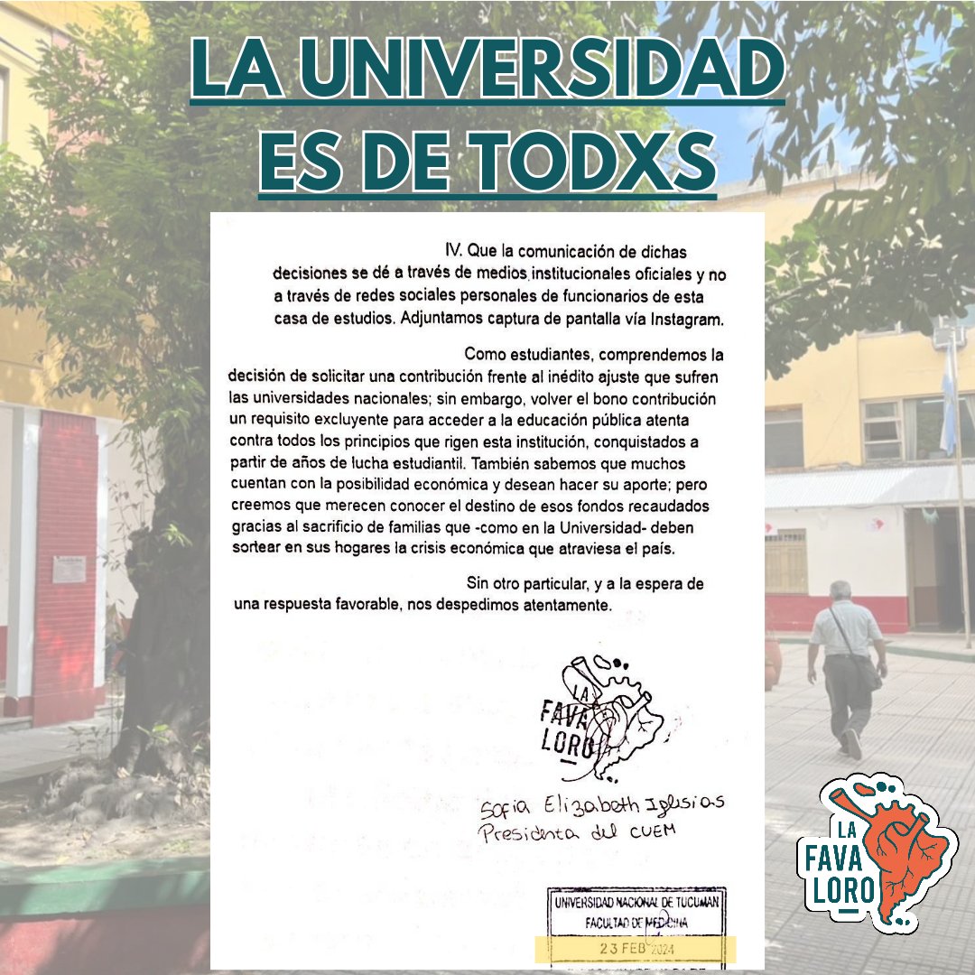 lafavalorount's tweet photo. Presentamos una nota con el propósito de solicitar aclaraciones respecto al bono contribución que se está solicitando a los nuevos ingresantes tanto en la Escuela de Enfermería como en Medicina. + https://t.co/n7RBaXai6p