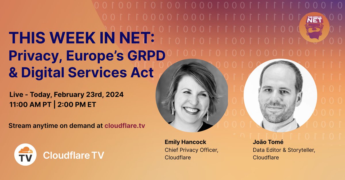 CloudflareTV's tweet image. #ThisWeekInNet is up next with host Joao Tome (@emot) and Cloudflare’s Chief Privacy Officer Emily Hancock where they discuss the importance of privacy in the Internet age and its evolution while reflecting on Europe’s GDPR for Privacy Day 2024. Get the full interview here →…
