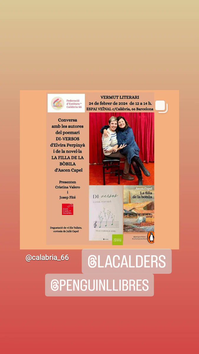 AscenCapel's tweet photo. Vermut literari amb @CorCarlitGospel @penguinllibres @LaCalders @crisvatin i tast de vins del @juliakpl https://t.co/BOIQE9XWkr