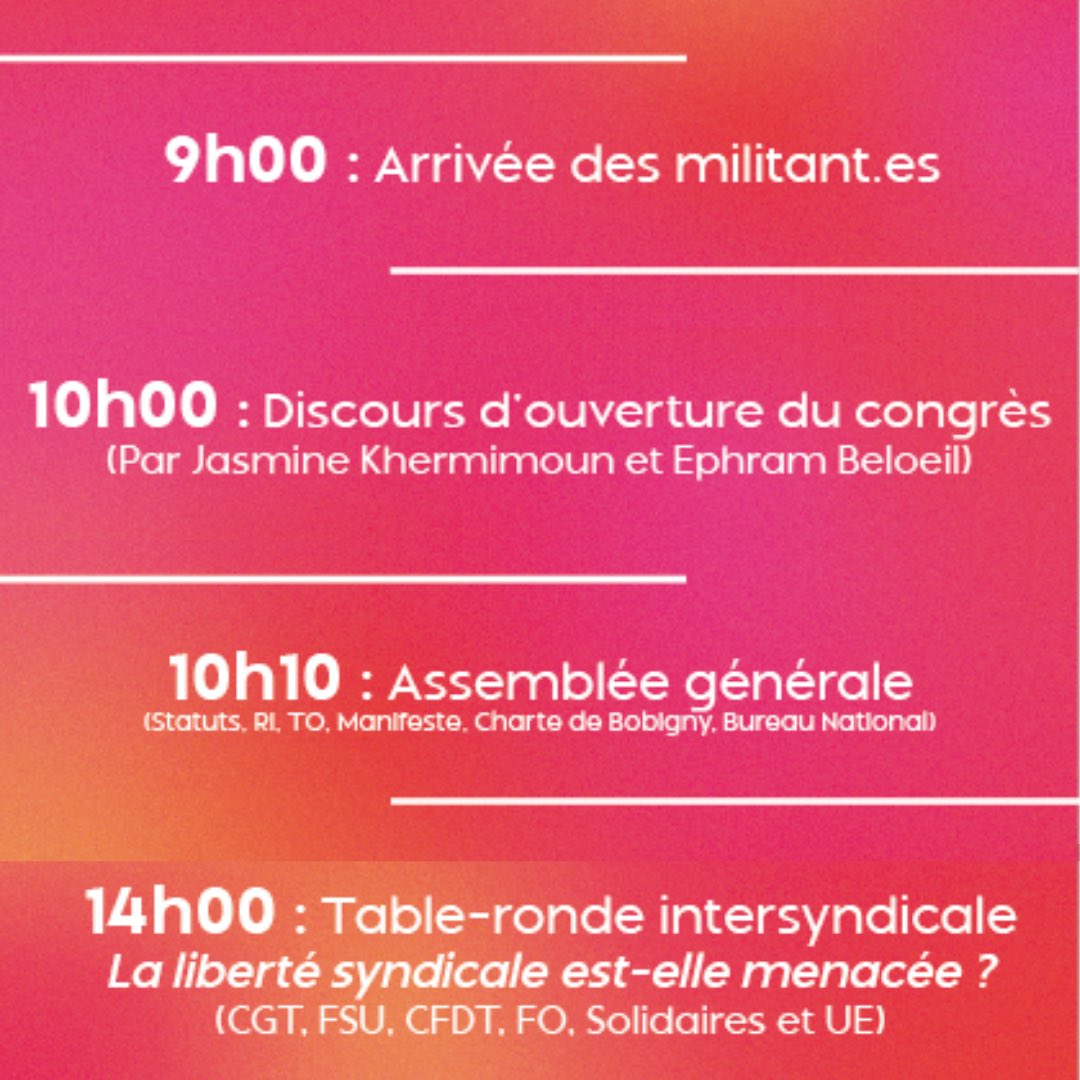 USLSyndicat's tweet photo. Karim Kattan, Raphaël Arnault, Benoît Teste, Nawel Benchlika, Éléonore Schmitt, et beaucoup d’autres.

➡️ Découvrez le programme exceptionnel  du Congrès d’Unification et de Fondation de l’USL ! https://t.co/l4mp8nd0Kh