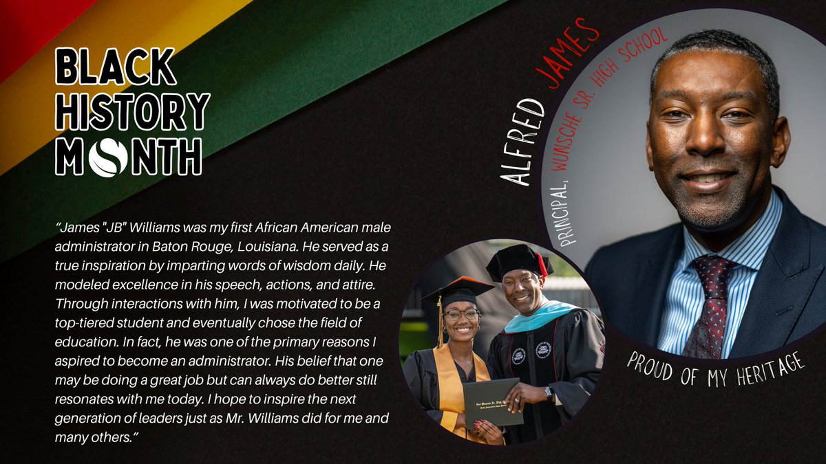 Let's give a shoutout to Principal @DrAlfredJames from @cwhs_springisd for his 23 years of dedication to education! Today, he shares the story of his first African American male administrator, who motivated him to excel as a student and pursue a career in education. ❤️💛💚🖤