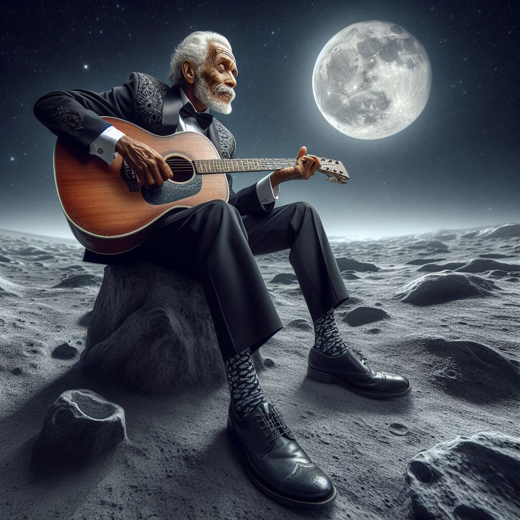 PrairieAudio's tweet image. My mind wandered was wandering this morning when I thought, "I wonder what a bluesman would look like playing on the Moon?" I plugged a few parameters into an AI image generator, and this is what I got!  prairieaudiomancave.com/life-tones/pho…