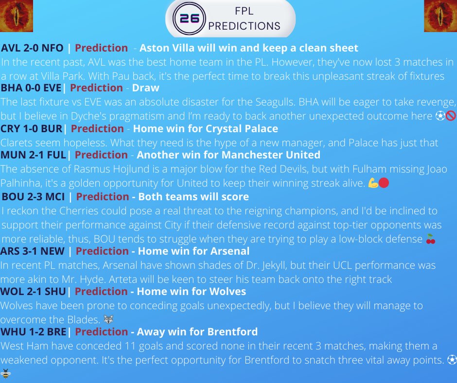 GW 2️⃣6️⃣  #Predictions are here 🎯

Top picks:

• BOU vs MCI - Both teams will score;
• Draw between BHA &amp; EVE;
• Away win for Brentford.

What are your picks?

🔄 Retweets and interaction will be highly appreciated 🙏