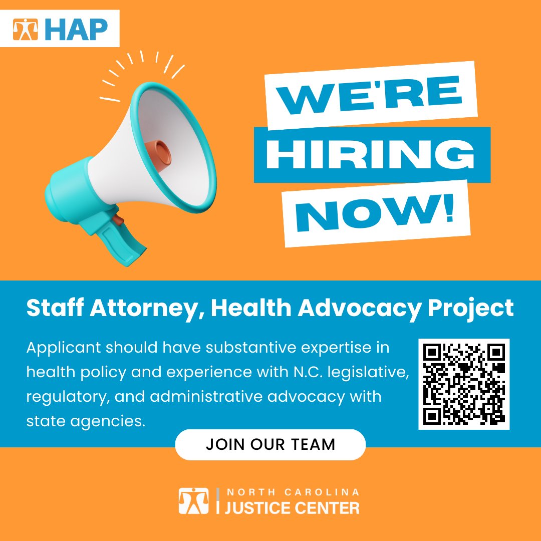 🚨 The NC Justice Center is hiring a Staff Attorney for our Health Advocacy Project! We’re seeking a passionate expert in health policy, ready to tackle medical debt, Medicaid expansion &amp; more. 🏥💼 Join us to advocate for equitable healthcare! Apply now: recruiting.paylocity.com/Recruiting/Job…