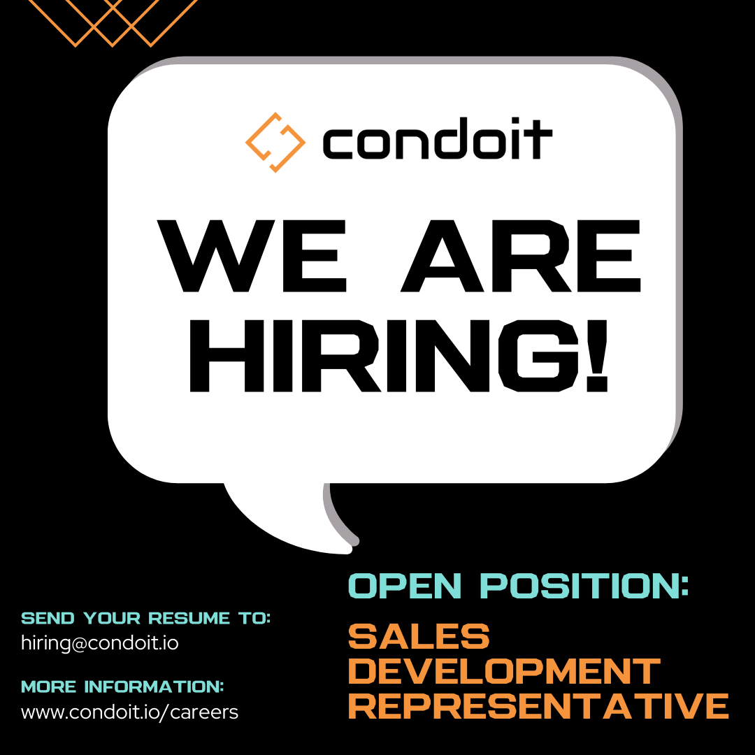 Condoit is hiring! We are looking to add a SDR. Base + Commission salary structure with benefits included, hybrid working environment. Join a fast-growing software company creating modern tools for the electrical industry. #nowhiring #salesjobs #techsales