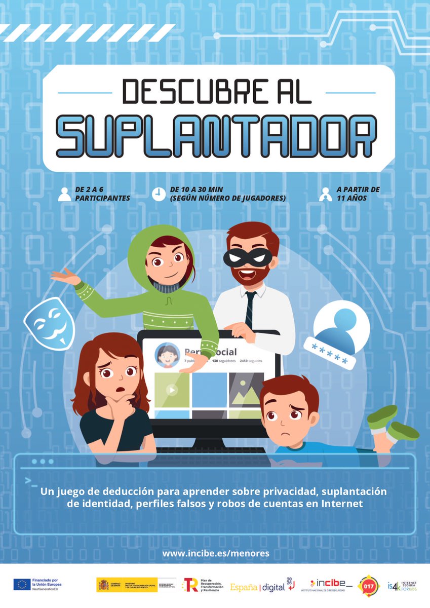 La #SuplantaciónDeIdentidad es una realidad en Internet 🌐. Con nuestro #juego "Descubre al suplantador" los/as menores 🚸 aprenderán a reconocer y evitar situaciones de riesgo en las #RedesSociales 📲.

🔗 Más info en <a href="/is4k/">internetsegura4kids</a>: incibe.es/menores/temati…