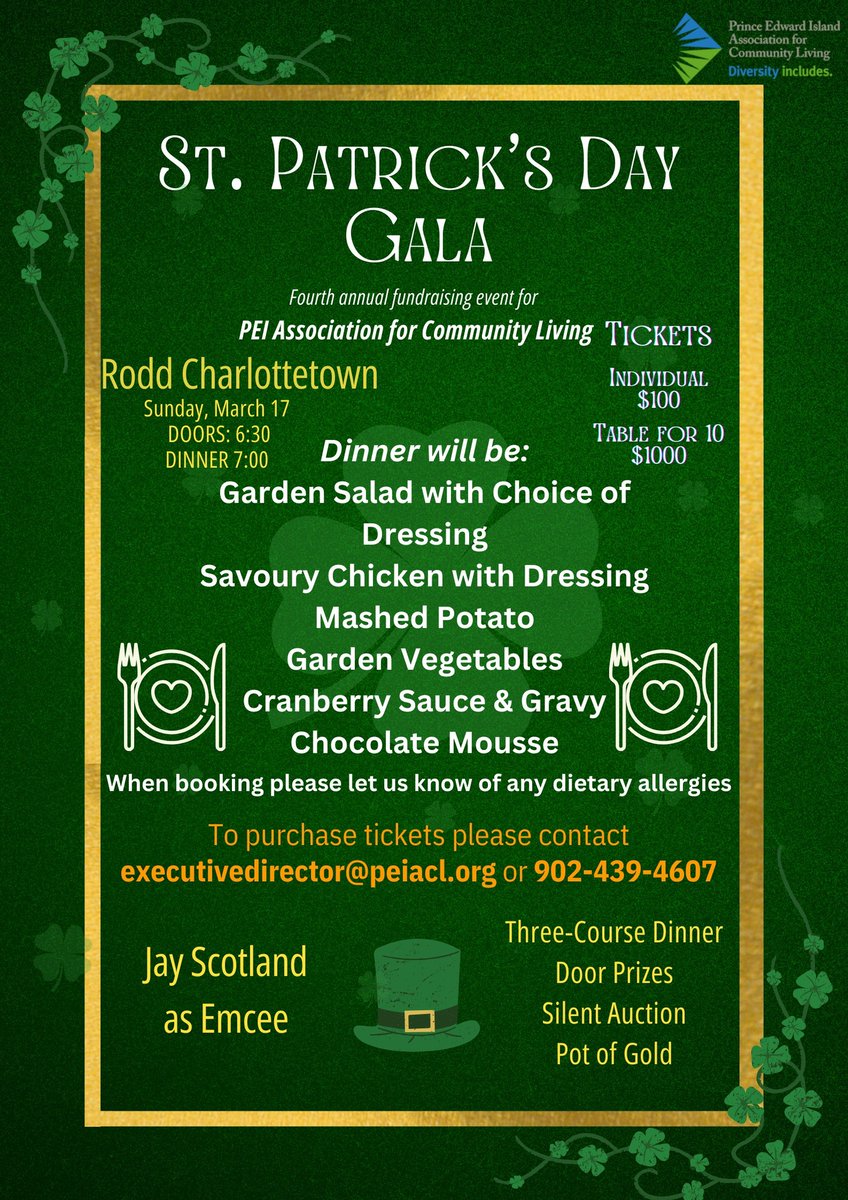 Shoutout to the PEI Association for Community Living for their incredible work in providing mental health support for caregivers across P.E.I. through the Care4Caregivers project.  Join them on March 13th  for their St. Patrick’s Day Gala at Rodd Charlottetown.