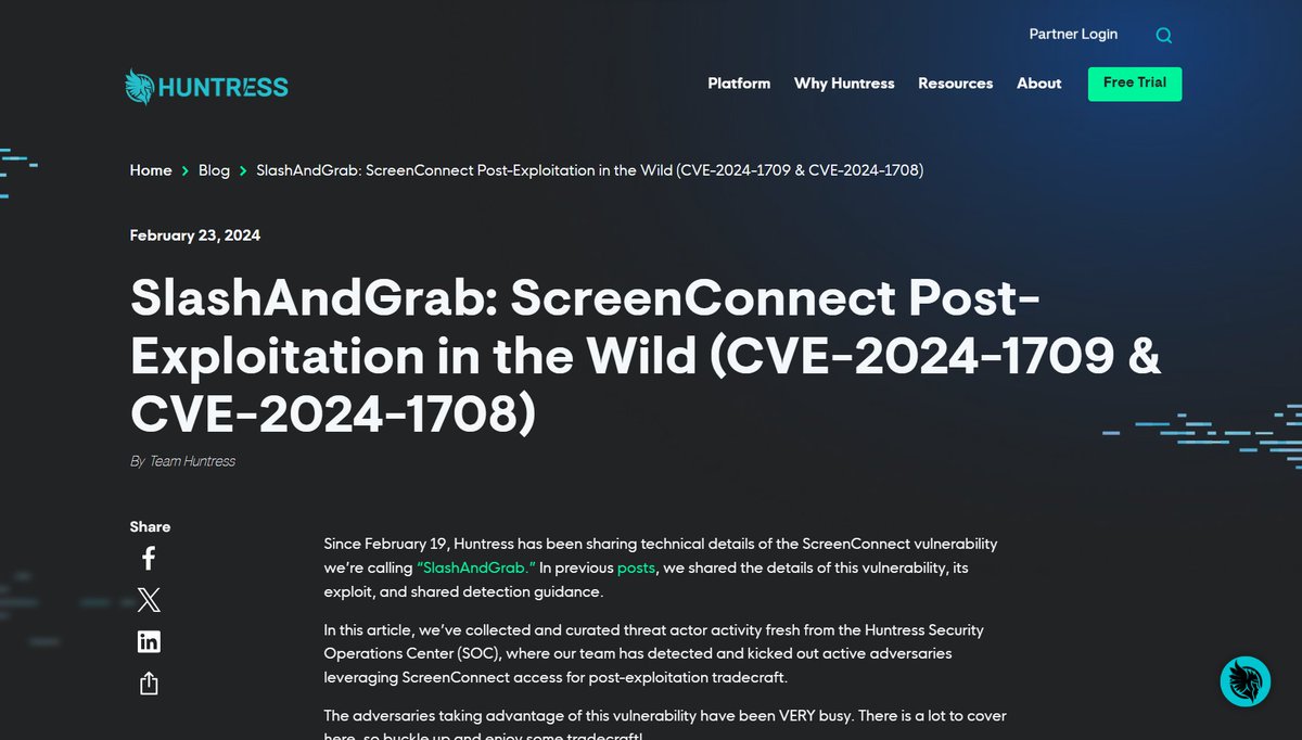 _JohnHammond's tweet photo. We just published a report on EVERYTHING that @HuntressLabs SOC is seeing for post-exploitation from #ScreenConnect CVE-2024-1708/CVE-2024-1709.

https://t.co/JVQ7rG7uAt

There's A LOT of it. We're talking:

- Adversaries Deploying Ransomware (LockBit and others)
- Classic LOLbin enumeration and reconnaissance
- Dropping cryptocurrency miners (masquerading as SentinelOne)
- Installing other persistence and backdoors (SimpleHelp C2, SSH, Remote Desktop, new users, reverse shells)

This includes all the technical details and tradecraft for each variety of these attacks. Please go look through this.

If I may be so bold, I think this is seriously the biggest and most-comprehensive release of the active threat intel that we've seen shared publicly so far.