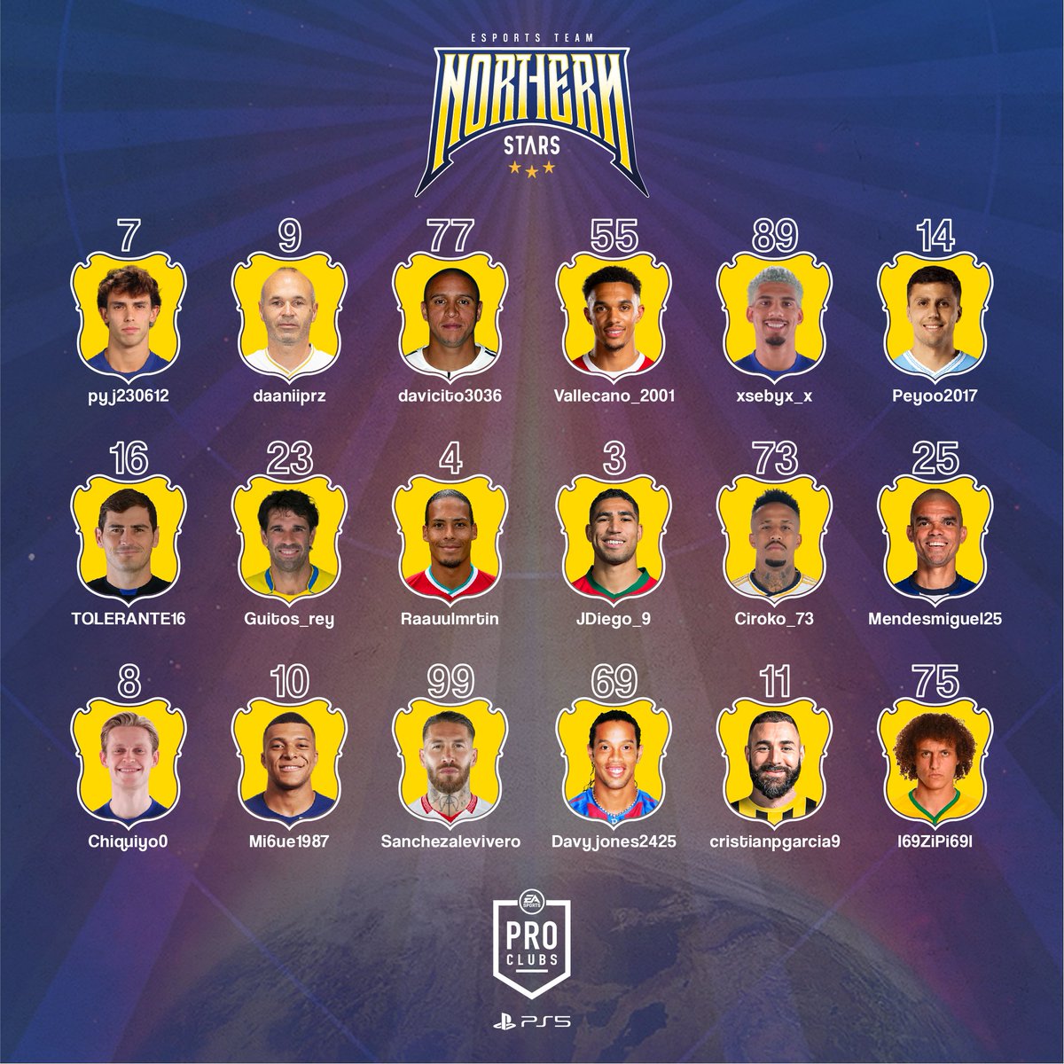 Plantilla 2024 Northern Stars 🇮🇨, listos para la batalla en el campo . ⚽🎮
Gran trabajo de : gryz.design buscarlo en Instagram para encargos, profesionalidad ,rapidez y siempre da con la clave de lo que pides . Gracias amigo🫂.