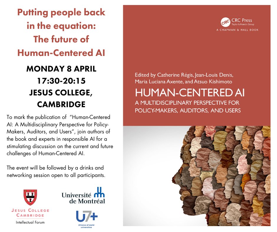 Déclaration de Montréal IA responsable (@iaresponsable) on Twitter photo 📚🚀 Book launch! Join AI experts for a discussion on #HumanCenteredAI and discover how integrating human values is shaping the trajectory of #AI systems 🤖
🗓️April 8, 5:30pm 📍<a href="/JesusCollegeCam/">Jesus College</a> <a href="/IntellForum/">Intellectual Forum</a>
Details and registration 👇
jesus.cam.ac.uk/events/putting… 📚🚀 Book launch! Join AI experts for a discussion on #HumanCenteredAI and discover how integrating human values is shaping the trajectory of #AI systems 🤖
🗓️April 8, 5:30pm 📍<a href="/JesusCollegeCam/">Jesus College</a> <a href="/IntellForum/">Intellectual Forum</a>
Details and registration 👇
jesus.cam.ac.uk/events/putting…