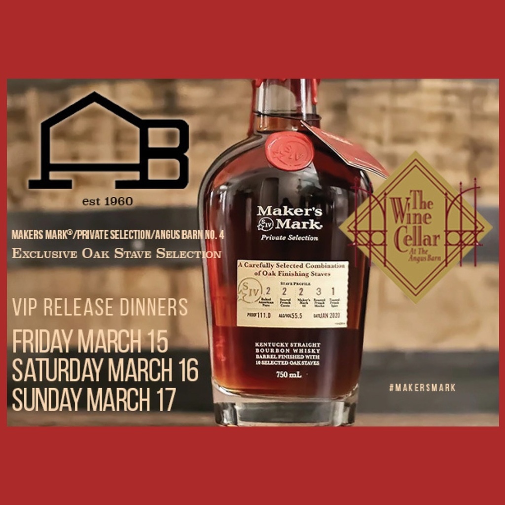 We have three upcoming Maker’s Mark® Private Selection Angus Barn No. 4 Release Dinners on the following nights: Friday, March 15 Saturday, March 16 Sunday March 17 Angus Barn Wine Cellar 6:00pm $190 per person The staves for this bourbon were ca… instagr.am/p/C3s3RUqPc78/
