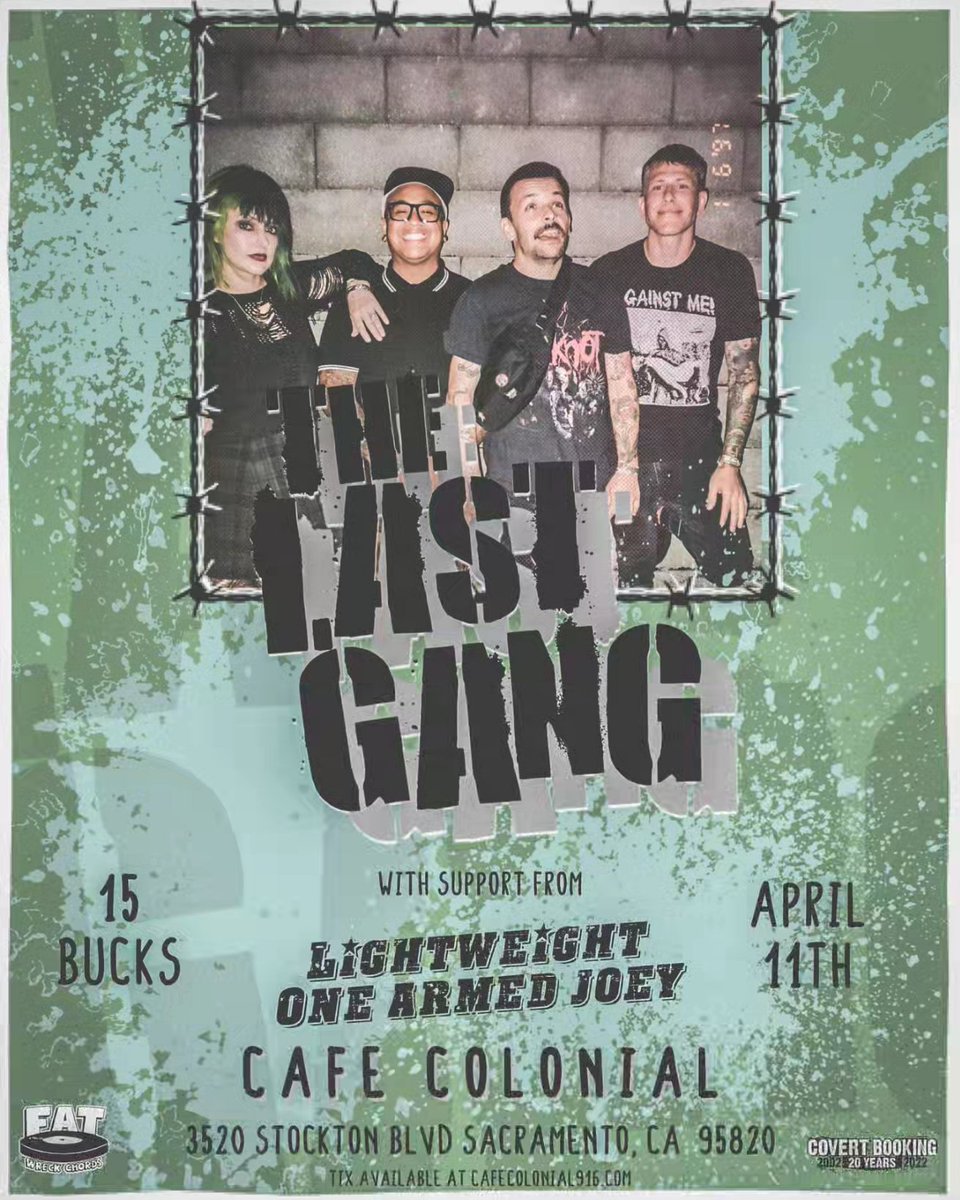 🚨SACRAMENTO🚨 We're coming back APRIL 11TH with @thatbandlightweight and @onearmedjoey ! Tickets are available NOW! See ya at @cafecolonial916 ! ⬇️⬇️⬇️⬇️ etix.com/ticket/p/55287… #TheLastGang #fatwreckchords #fatwreck #Sacramento #covertbooking #onearmedjoey #lightweight