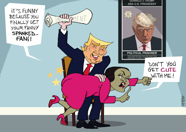 FANI GETS SPANKED politicalcartoons.com/cartoon/282708 #FaniWillis #TrumpIndictment #Georgia2020 #Trump2024