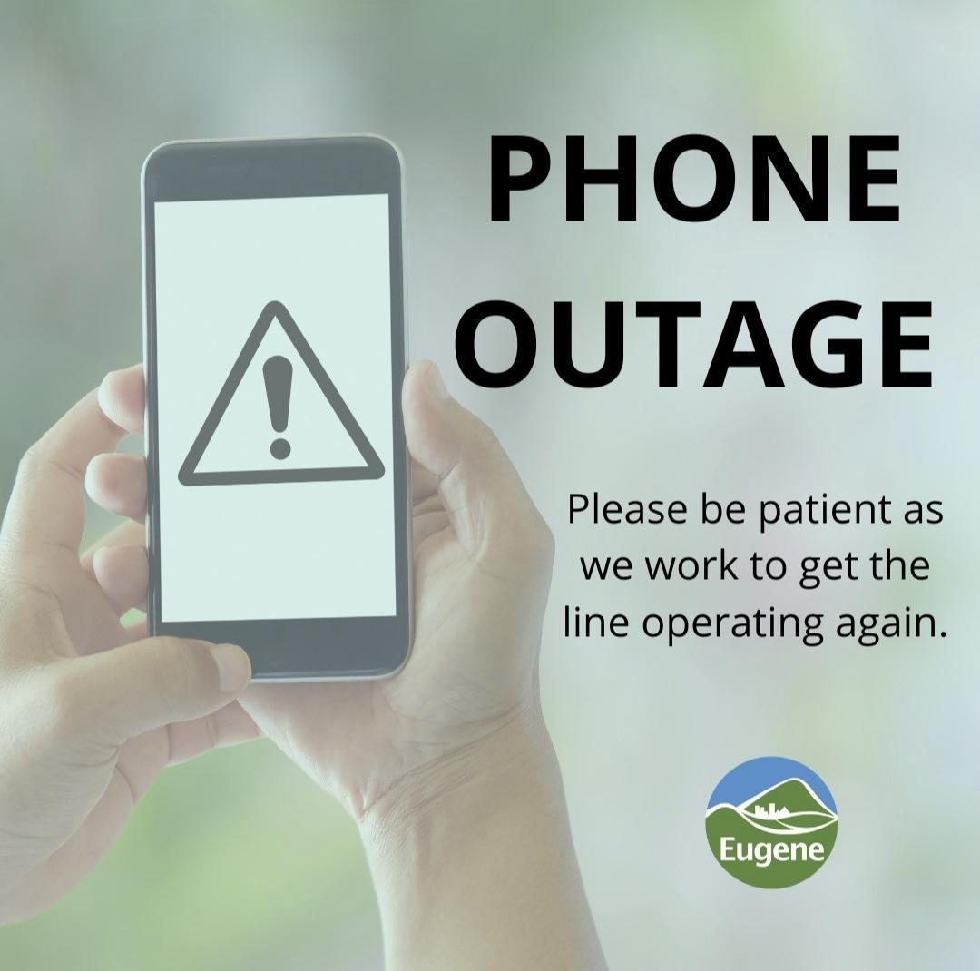 All City of Eugene office phone lines are currently not working due to a regional outage with the phone service Lumen (formerly CenturyLink). We will provide an update when City phone lines are restored. There is no impact to 911. If you have an emergency, you can call 911.