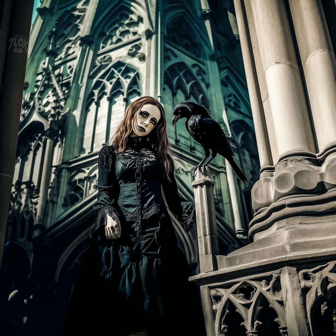 7LoxRok's tweet photo. Beneath the ancient gaze of the old cathedral, Louise &amp; her crimson-eyed raven stand, a blend of daylight &amp; shadow. This raven, not just a companion but a guardian of arcane lore, mirrors the mystic energies that Louise commands #goth  #Raven #gothicgirls https://t.co/ktSeg2WC9L