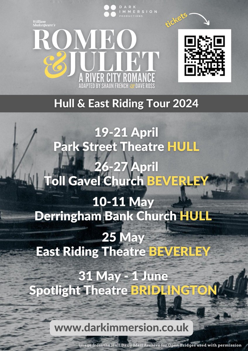 Vick_vbr's tweet photo. Get your tickets (QR Code) for this fab production touring East Yorkshire - please retweet @HULLwhatson @willerbycouncil @bevtowncouncil @VisitBrid @BridlingtonEast @RadHumberside @SkintDad @slunglowalan @LordHull @bbcburnsy #Shakespeare #theatre #romeoandjuliet @darkimmersion1 https://t.co/HnctQnfWnf