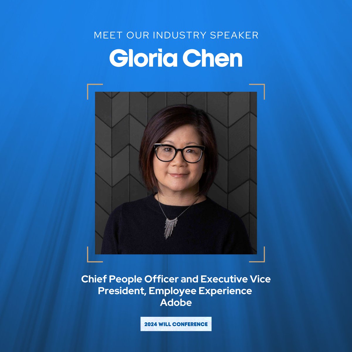 Meet our #sjsuWILL keynote speaker, Gloria Chen! Gloria Chen is the Chief People Officer &amp; EVP of Employee Experience at <a href="/Adobe/">Adobe</a>. With over 20 years at Adobe, Gloria has led transformative changes and global success. Learn more about Gloria at buff.ly/3T9XQ2E 💙