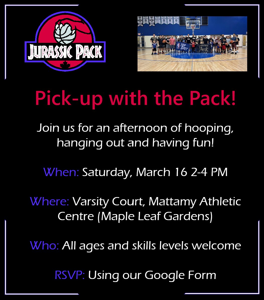 🏀 Pick-up with the Pack is back! 🏀

🗓️Join us Saturday March 16 from 2-4pm

🍁 Varsity Court @ Mattamy Athletic Centre

➡️RSVP here: forms.gle/oFsuUfgyia5m2Y…